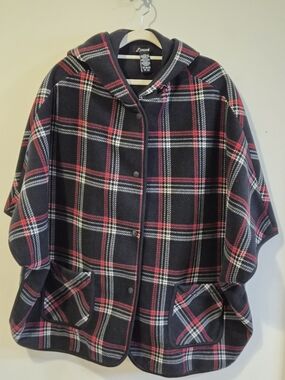 Plaid Fleece Hooded Poncho Cape – Oversized Cozy Wrap S/M Fits L